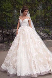 Unique A Line Lace Appliques Cap Sleeves Ivory V Neck Beads Wedding Dresses uk PH839