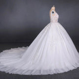 Princess Ball Gown Sheer Neck White Wedding Dress Lace Appliqued Bridal Dress W1146