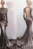 Long Sleeve Sequin Open Back Mermaid Shinny High Neck Floor-Length Prom Dresses uk PM580