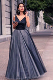 A-Line V-Neck Sleeveless Tulle Backless Navy Blue Floor Length Evening Prom Dresses UK PH460