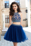 A-Line Dark Navy Princess Jewel Sleeveless Beading Short Mini Tulle Homecoming Dress PM290