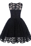 A Line Scalloped-Edge Sleeveless Vintage Black Lace Appliques Homecoming Dress PM869