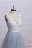 A-Line V-Neck Ivory Lace Bodice Grey Tulle Skirt Chapel Train Appliques Wedding Dress PM287