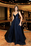 A-Line V-Neck Dark Blue Sleeveless Satin Floor-Length Sweep Train Prom Dresses uk PH259