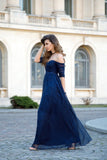 Sexy Off-the-Shoulder Chiffon Half Sleeve Sweetheart Navy Blue Floor Length Prom Dresses PH238