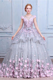 Scoop Ball Gown Gray Tulle Sleeveless Bowknot Empire Waist Wedding Dress with Pink Flowers PM576