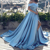 Blue Off-the-shoulder Ball Gown Split Princess Beach Prom Dresses Quinceanera Dresses PM120