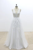 V-Cut shape Back Tulle Lace Appliques A Line Open Back Beach Wedding Dresses PH648