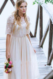 Illusion A Line Half Sleeve Lace Chiffon  Ankle Length Prom Dress With Jewel Neckline PW274